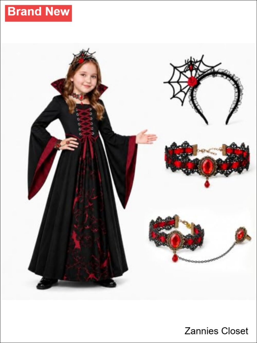 👻 Girls Vampire Costume 4-Piece Halloween Dress Up Outfit Ages 3-12